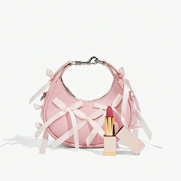 Pink Bowknot Top Handle Crossbody Bag – Lace-Up Ballet Style Y2K Retro Teen - Picture 8 of 9